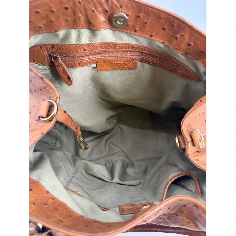 GILI Ostrich Embossed Leather Satchel Handbag Cognac Brown Gold Tone Hardware
